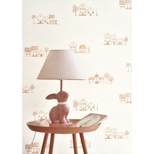 Mesebeli város bájos házikói - rajzos építészeti panoráma krémfehér és téglaszín/vörösesbarna tónus tapéta