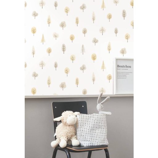 Bújócska minimalista megjelenésű fák között sziluett ábrázolás fehér szürke barna és bézs/világosbarna tónus tapéta