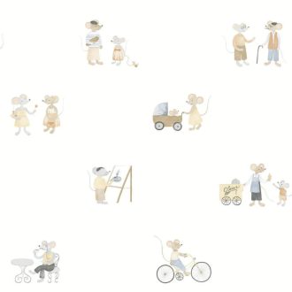   Imádnivaló egércsalád falusi élettérben "napi elfoglaltságuk" közben fehér egérszürke kék barna és sötétszürke tónus tapéta