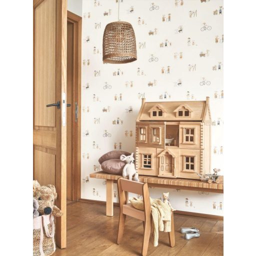 Imádnivaló egércsalád falusi élettérben "napi elfoglaltságuk" közben fehér egérszürke kék barna és sötétszürke tónus tapéta