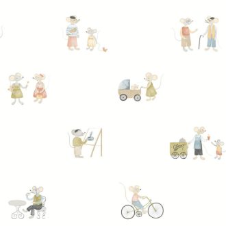   Imádnivaló egércsalád falusi élettérben "napi elfoglaltságuk" közben fehér egérszürke piros és sokszínű tónus tapéta