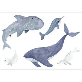   Nagyméretű tengeri állatok - bálna fóka cápa narvál makro panorámája fehér kék szürke szürkéskék és fekete tónus falmatrica