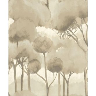   Fenyők akvarell sziluettje japános lágy álomszerű megjelenésben vakolat háttéren lenszín barna és szürkésbarna tónus tapéta