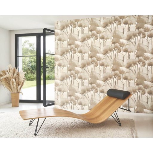 Fenyők akvarell sziluettje japános lágy álomszerű megjelenésben vakolat háttéren lenszín barna és szürkésbarna tónus tapéta