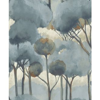   Fenyők akvarell sziluettje japános lágy álomszerű megjelenésben vakolat háttéren krém bézs szürke rozsda és viharkék tónus tapéta