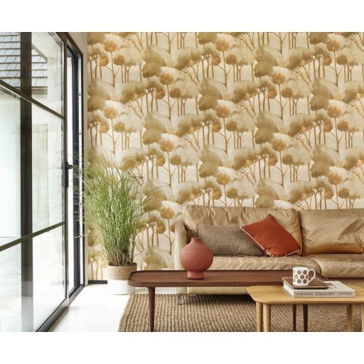 Fenyők akvarell sziluettje japános lágy álomszerű megjelenésben vakolat háttéren krém szürkésbézs barna rozsda és olívzöld tónus tapéta