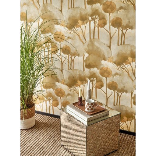 Fenyők akvarell sziluettje japános lágy álomszerű megjelenésben vakolat háttéren krém szürkésbézs barna rozsda és olívzöld tónus tapéta