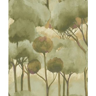   Fenyők akvarell sziluettje japános lágy álomszerű megjelenésben vakolat háttéren bézs rozsda agyagzöld barna és lila tónus tapéta