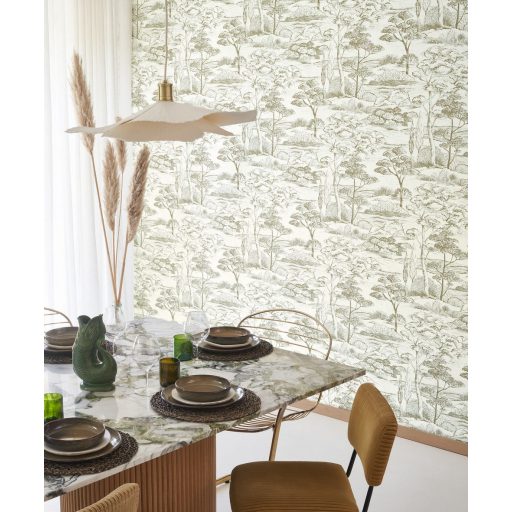 Ernyős fenyők megnyugtató kies panorámája kis öböllel meszelt vakolat háttéren fehér agyagszín és szürke tónus tapéta