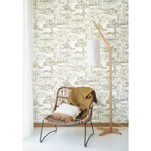 Ernyős fenyők megnyugtató kies panorámája kis öböllel meszelt vakolat háttéren fehér agyagszín és szürke tónus tapéta