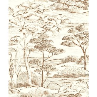   Ernyős fenyők megnyugtató kies panorámája kis öböllel meszelt vakolat háttéren krémszín és barnás terrakotta tónus tapéta