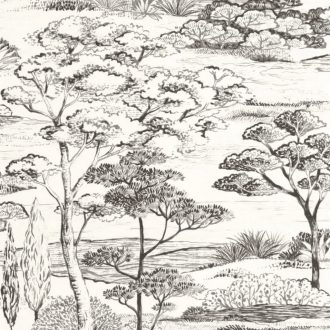   Ernyős fenyők megnyugtató kies panorámája kis öböllel meszelt vakolat háttéren fehér szürke és faszénfekete tónus tapéta