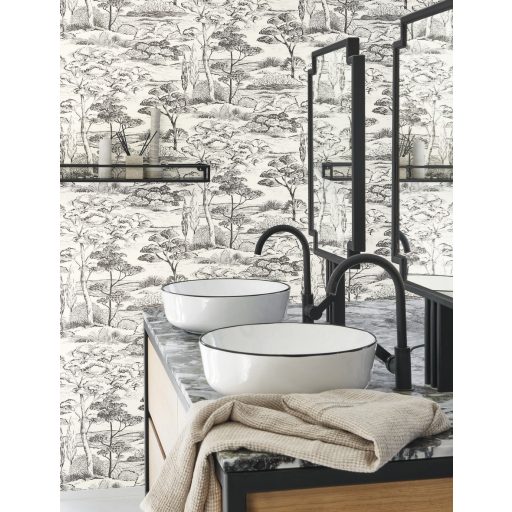 Ernyős fenyők megnyugtató kies panorámája kis öböllel meszelt vakolat háttéren fehér szürke és faszénfekete tónus tapéta