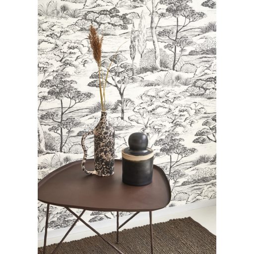 Ernyős fenyők megnyugtató kies panorámája kis öböllel meszelt vakolat háttéren fehér szürke és faszénfekete tónus tapéta