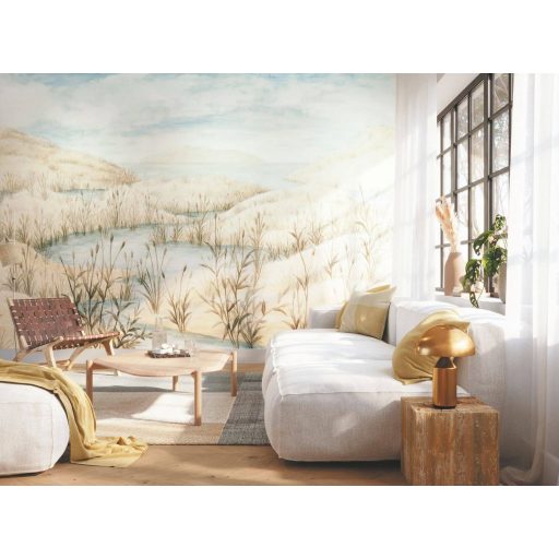 Sós mocsarak mentén húzódó nádasok pelyhes felhők alatt "L" lenbézs barna szürke felhőkék zöld/szürkészöld és fehér falpanel