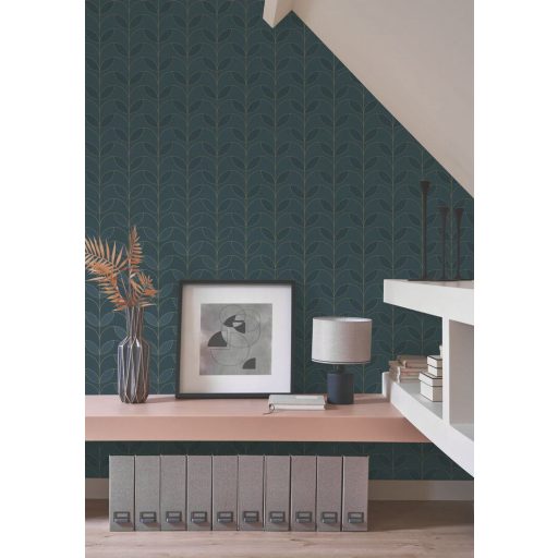 Kabaréénekesnők nyakdísze (diadém) ihlette grafikus art deco design kék/petrolkék ezüstös-kék és arany tónus fémes mintarészek tapéta