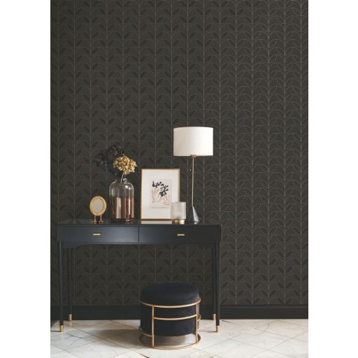 Kabaréénekesnők nyakdísze (diadém) ihlette grafikus art deco design faszénfekete ezüstös-barna és arany tónus fémes mintarészek tapéta