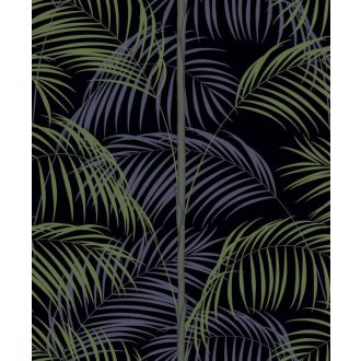   Kifinomult és fenséges karcsú pálmatörzsek pazar levélzettel éjkék szürke ultramarinkék és zöldarany tónus finom mintafény tapéta