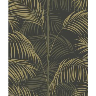   Kifinomult és fenséges karcsú pálmatörzsek pazar levélzettel sötétbarna khakizöld szürkészöld és arany tónus finom mintafény tapéta