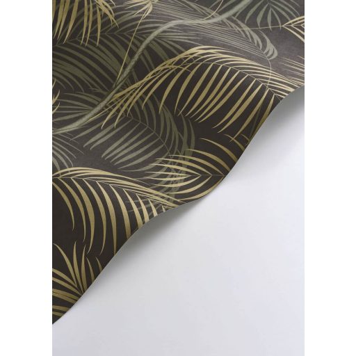 Kifinomult és fenséges karcsú pálmatörzsek pazar levélzettel sötétbarna khakizöld szürkészöld és arany tónus finom mintafény tapéta