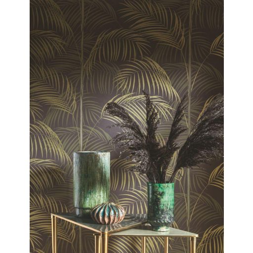 Kifinomult és fenséges karcsú pálmatörzsek pazar levélzettel sötétbarna khakizöld szürkészöld és arany tónus finom mintafény tapéta