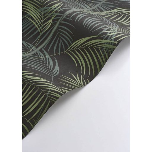 Kifinomult és fenséges karcsú pálmatörzsek pazar levélzettel antracit baldachinzöld és zöldarany tónus finom mintafény tapéta