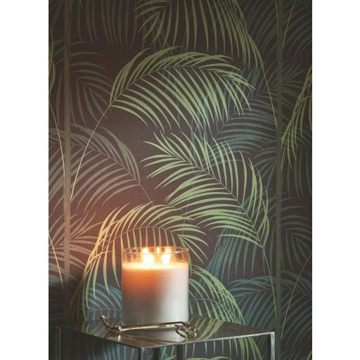 Kifinomult és fenséges karcsú pálmatörzsek pazar levélzettel antracit baldachinzöld és zöldarany tónus finom mintafény tapéta