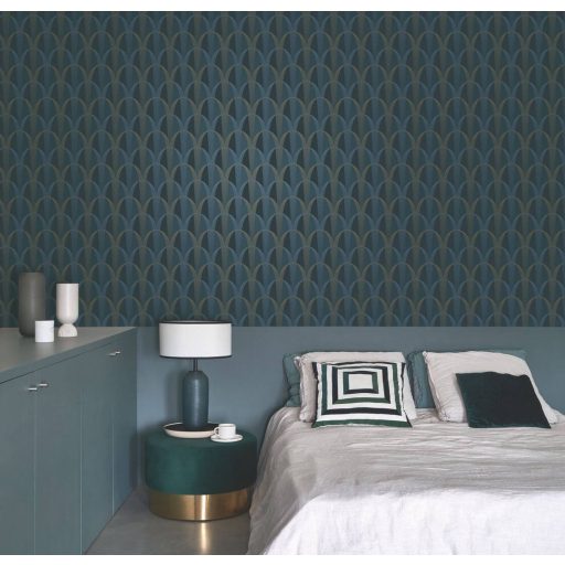 Könnyed és finom art deco minta a 20-as évek érintésével éjkék ultramarinkék és arany tónus finom mintafény tapéta