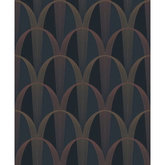   Könnyed és finom art deco minta a 20-as évek érintésével sötét tintakék bronzos-terrakotta és rézszín tónus finom mintafény tapéta