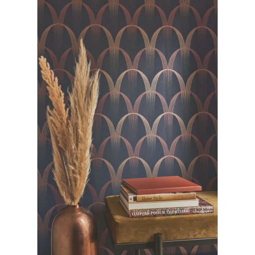 Könnyed és finom art deco minta a 20-as évek érintésével sötét tintakék bronzos-terrakotta és rézszín tónus finom mintafény tapéta