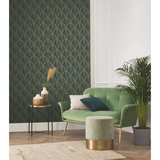 Könnyed és finom art deco minta a 20-as évek érintésével tajgazöld ezüstös-türkiz és arany tónus finom mintafény tapéta