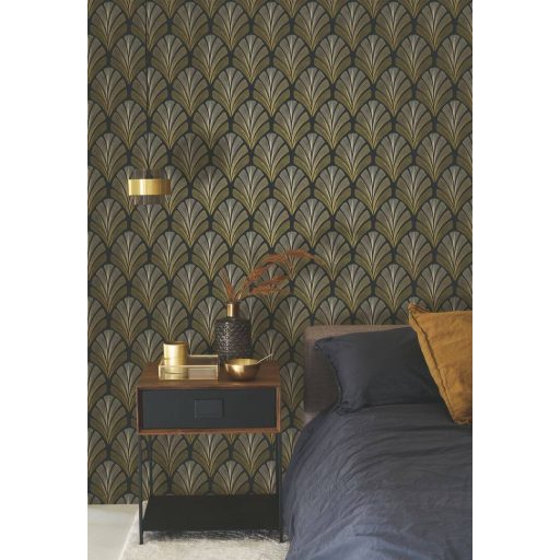 A híres kabaré ihlette organikus geometrikus art deco design antracit bézsarany arany és réz/dohány tónus fémes irizáló hatás tapéta