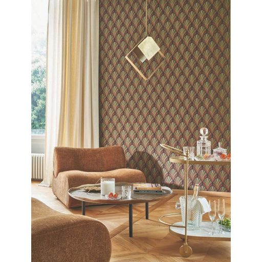 A híres kabaré ihlette organikus geometrikus art deco design antracit bronzos-terrakotta és az arany összes árnyalata fémes irizáló hatás tapéta