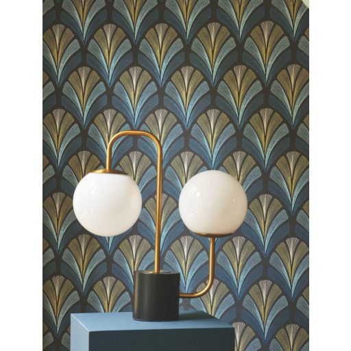 A híres kabaré ihlette organikus geometrikus art deco design antracit viharkék ezüstös-kék ás arany tónus fémes irizáló hatás tapéta