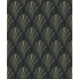   A híres kabaré ihlette organikus geometrikus art deco design antracit tajgazöld bézsarany és arany tónus fémes irizáló hatás tapéta