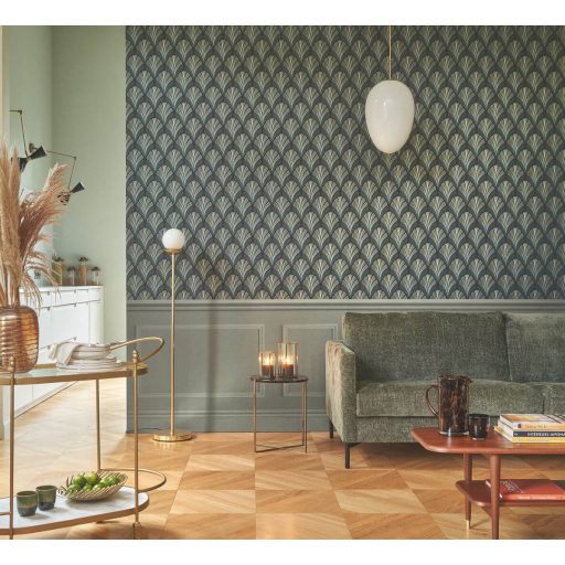 A híres kabaré ihlette organikus geometrikus art deco design antracit tajgazöld bézsarany és arany tónus fémes irizáló hatás tapéta