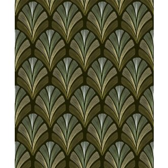   A híres kabaré ihlette organikus geometrikus art deco design antracit olívzöld zöldarany fehérarany és arany tónus fémes irizáló hatás tapéta
