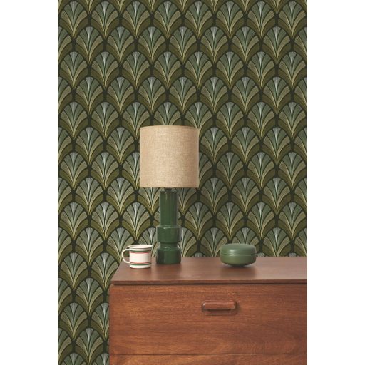 A híres kabaré ihlette organikus geometrikus art deco design antracit olívzöld zöldarany fehérarany és arany tónus fémes irizáló hatás tapéta