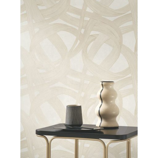 Ritmikus és harmonikus táncot idéző kavargó szalagok játéka zsinegfehér és bézsarany tónus fémes irizáló hatás tapéta