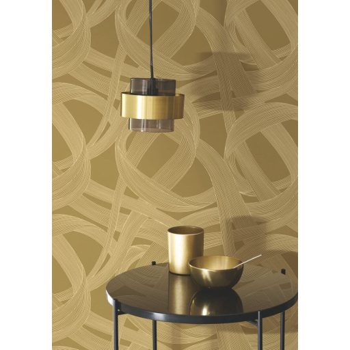 Ritmikus és harmonikus táncot idéző kavargó szalagok játéka olívzöld és arany tónus fémes irizáló hatás tapéta