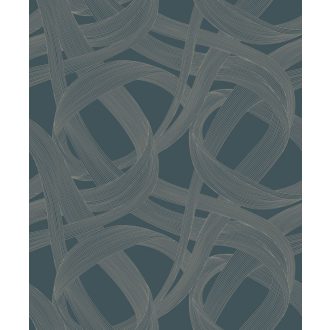   Ritmikus és harmonikus táncot idéző kavargó szalagok játéka petrolkék és aranyló-szürke tónus fémes irizáló hatás tapéta