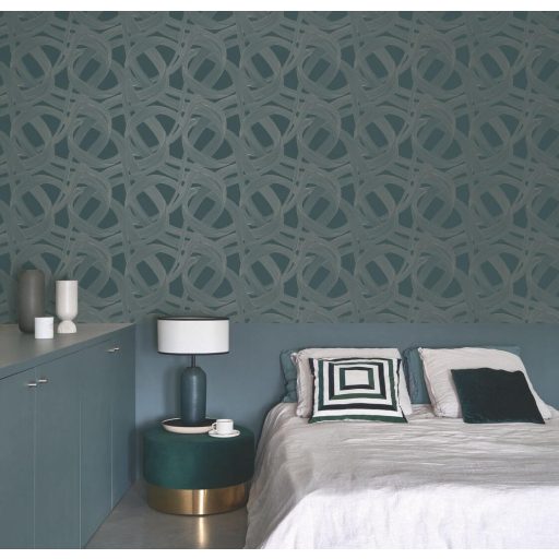 Ritmikus és harmonikus táncot idéző kavargó szalagok játéka petrolkék és aranyló-szürke tónus fémes irizáló hatás tapéta