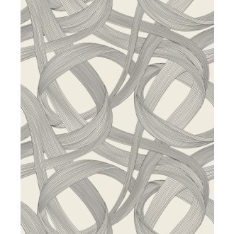   Ritmikus és harmonikus táncot idéző kavargó szalagok játéka törtfehér és faszénfekete tónus fémes irizáló hatás tapéta