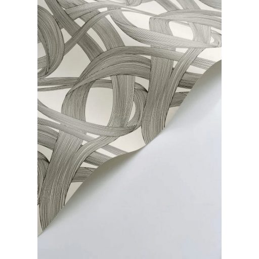 Ritmikus és harmonikus táncot idéző kavargó szalagok játéka törtfehér és faszénfekete tónus fémes irizáló hatás tapéta