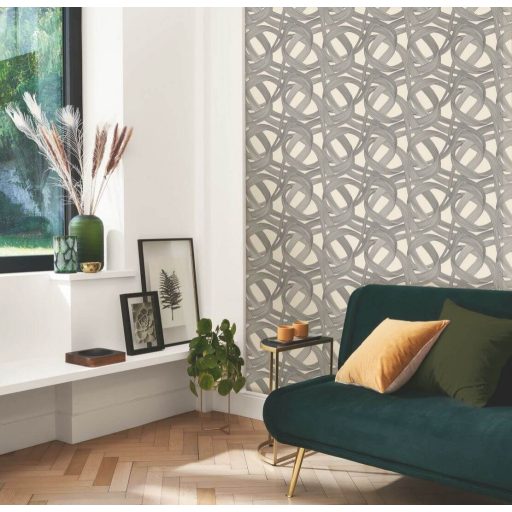 Ritmikus és harmonikus táncot idéző kavargó szalagok játéka törtfehér és faszénfekete tónus fémes irizáló hatás tapéta