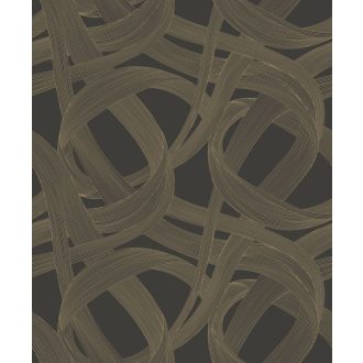   Ritmikus és harmonikus táncot idéző kavargó szalagok játéka sötétbarna/antracit és arany tónus fémes irizáló hatás tapéta