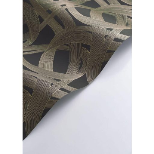 Ritmikus és harmonikus táncot idéző kavargó szalagok játéka sötétbarna/antracit és arany tónus fémes irizáló hatás tapéta