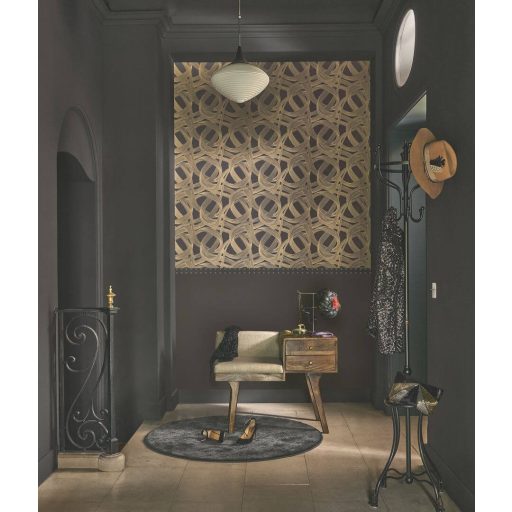 Ritmikus és harmonikus táncot idéző kavargó szalagok játéka sötétbarna/antracit és arany tónus fémes irizáló hatás tapéta