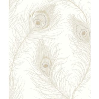   Boák legyezők és tollas fejdíszek ihlette művészi tollmotívum krémfehér bézs és bézsarany tónus irizáló hatás tapéta