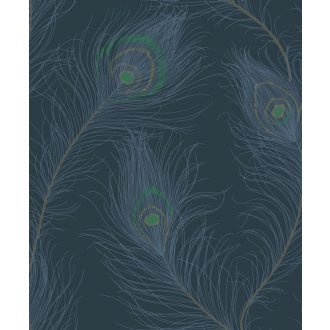   Boák legyezők és tollas fejdíszek ihlette művészi tollmotívum éjkék aranyló-petrolzöld ezüstös-szürkéskék és arany irizáló hatás tapéta